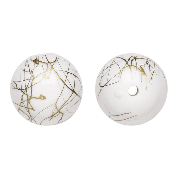 Bead, acrylic, white and gold, 18mm round with swirls. Sold per pkg of 30. image number 0