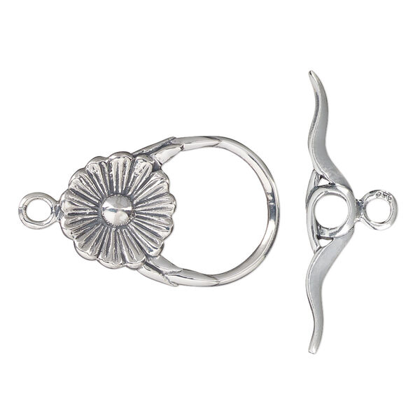 Clasp, toggle, antiqued sterling silver, 23x16mm flower. Sold individually. image number 0