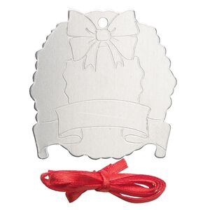 Ornament, ImpressArt®, aluminum and polyester, 2-1/16 x2 inch wreath with ribbon. Sold per pkg of 3.