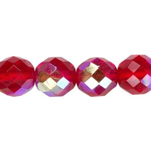 Bead, Czech fire-polished glass, pkg/15-1/2 to 16 inches, 12mm faceted round, translucent light red AB, (90080-28701).