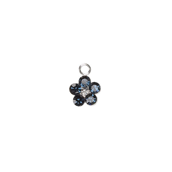 Charm, crystals and sterling silver, Montana, 8mm flower. Sold per pkg of 2. image number 0