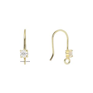 Ear wire fishhook 1pkg2 sterling silver / cubic zirconia, 16.5mm / 3.5mm faceted round / open loop, 21 gauge gold-finished clear 1 pair