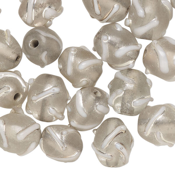 Bead, lampworked glass, translucent clear and silver, 11x9mm oval with swirl design. Sold per 2-ounce pkg, approximately 40 beads. image number 0
