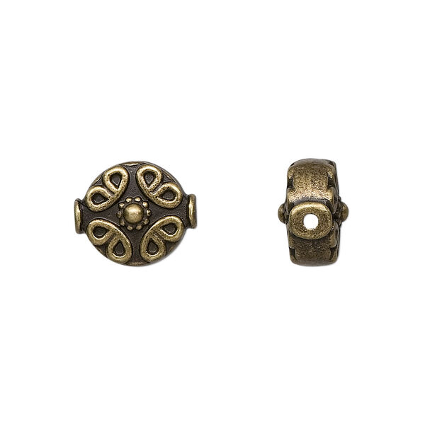 Bead, antique brass-finished "pewter" (zinc-based alloy), 10mm filigree flat round. Sold per pkg of 10. image number 0