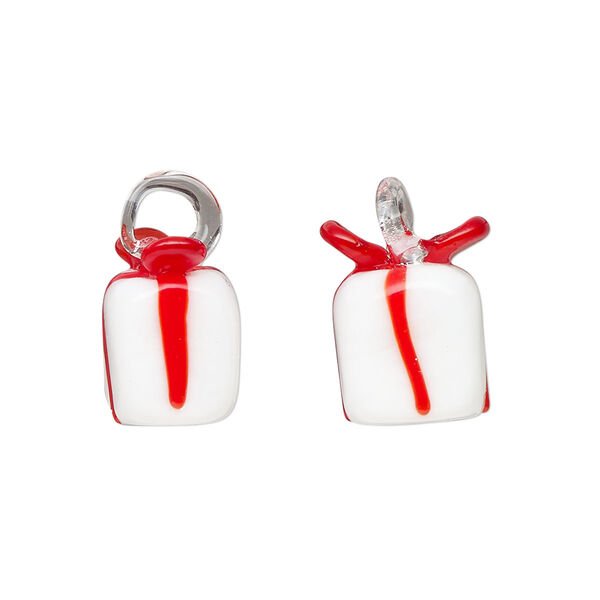 Drop, lampworked glass, opaque red and white, 13x10mm-15x12mm present. Sold per pkg of 2. image number 0