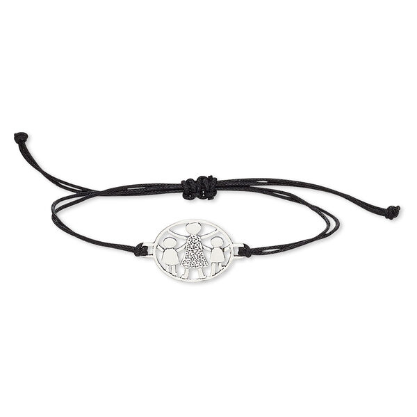 Bracelet, waxed cotton cord and antiqued sterling silver, black, 20mm round with mother and children cutout, adjustable from 6 to 8-1/2 inches with macramé knot closure. Sold individually. image number 0