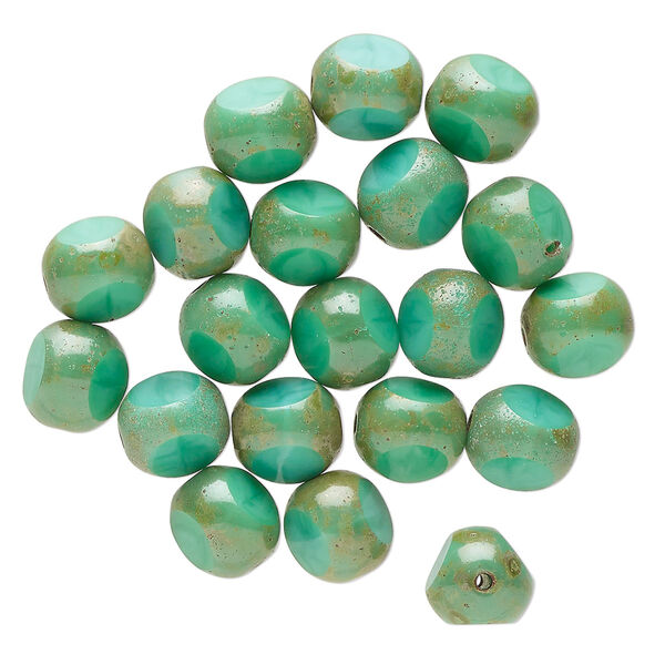 Bead, Czech glass, opaque turquoise blue travertine, 8mm pinched round. Sold per pkg of 20. image number 0