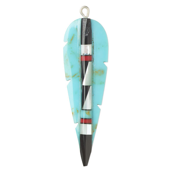 Focal, resin / mother-of-pearl shell / silver-finished copper, multicolored, 44x13mm single-sided feather. Sold individually. image number 0