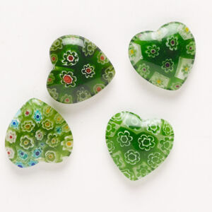 Bead, millefiori glass, pkg/4, translucent multicolored, 18-20mm half-drilled puffed heart.