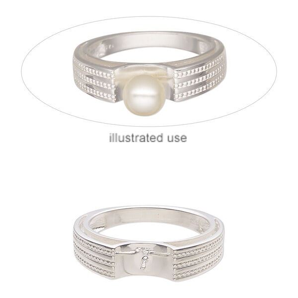 Ring, sterling silver, 5mm wide with beaded design and 4.5mm twisted peg, fits up to 8mm half-drilled round bead, size 7. Sold individually. image number 0