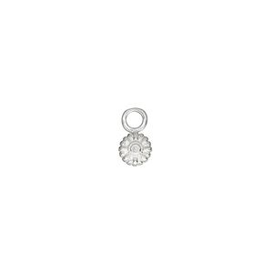 Charm, sterling silver and cubic zirconia, clear, 5mm single-sided sunflower with 4mm closed round loop. Sold per pkg of 2.