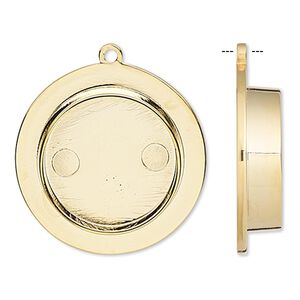 Drop, gold-plated "pewter" (zinc-based alloy), 28mm round with 19mm non-calibrated round setting. Sold individually.