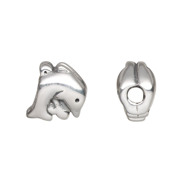 Bead, antiqued fine silver, electroformed, 14x13mm dolphin. Sold individually. image number 0