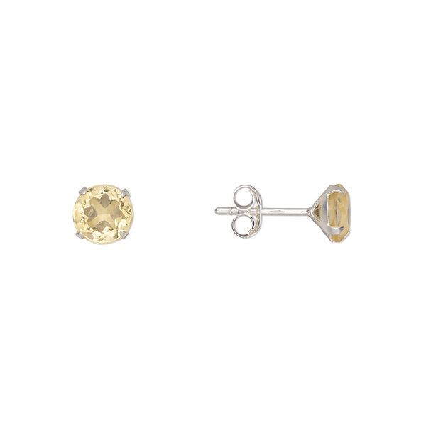 Earstud, Create Compliments®, sterling silver and citrine (heated), 6mm round. Sold per pair. image number 0