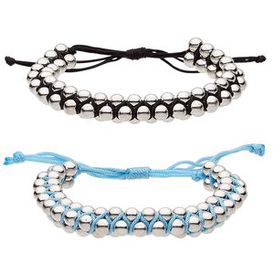 Bracelet, nylon and silver-coated plastic, black and turquoise blue, 11mm wide with 6mm round, adjustable from 6-1/2 to 8-1/2 inches with wrapped knot closure. Sold per pkg of 2.