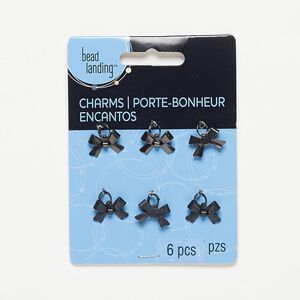 Charm, gunmetal-finished steel, black, 15x10mm bow. Sold per pkg of 6.