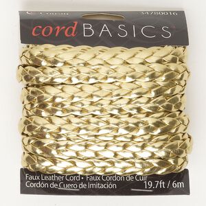 Cord, faux leather, pkg/6ms, gold, 7mm flat braided.