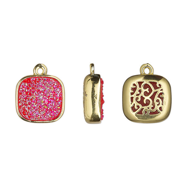 Drop, Druzylite™, "druzy" (resin) and gold-finished brass, hot pink, 11.5mm two-sided square with open filigree back. Sold per pkg of 4. image number 0
