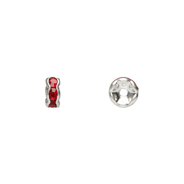 Bead, glass rhinestone and silver-plated brass, red, 6x3mm rondelle. Sold per pkg of 10. image number 0