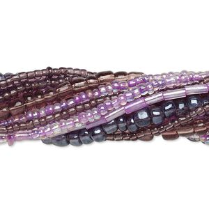 Bead mix, seed bead and bugle bead, glass, pkg/(10)14 inch, 6/0 center-drilled round, mixed mixed colors.