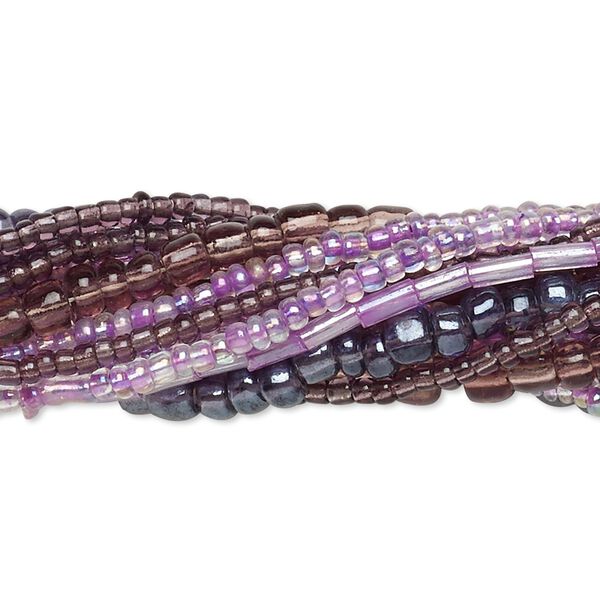 Bead mix, seed bead and bugle bead, glass, pkg/(10)14 inch, 6/0 center-drilled round, mixed mixed colors. image number 0