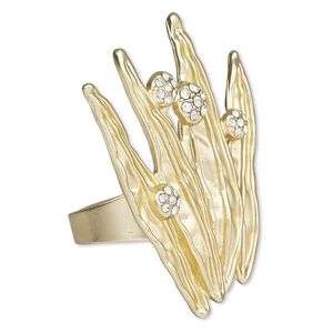 Ring, glass rhinestone and gold-finished "pewter" (zinc-based alloy), clear, 42x33mm feathers, adjustable. Sold individually.