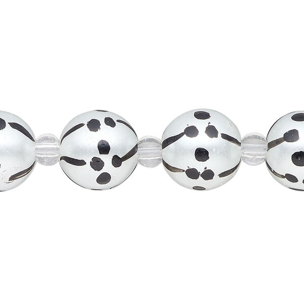 Bead, glass 1pkg8, opaque black and white, 12mm hand-painted round. image number 0