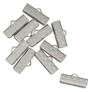 Ribbon crimp end, silver-plated brass, 16x7mm textured rectangle. Sold per pkg of 10.