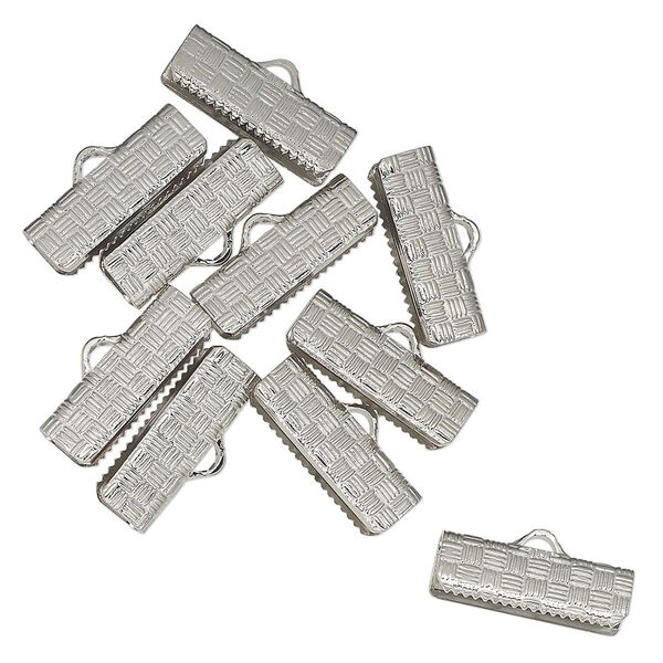 Ribbon crimp end, silver-plated brass, 16x7mm textured rectangle. Sold per pkg of 10. image number 0