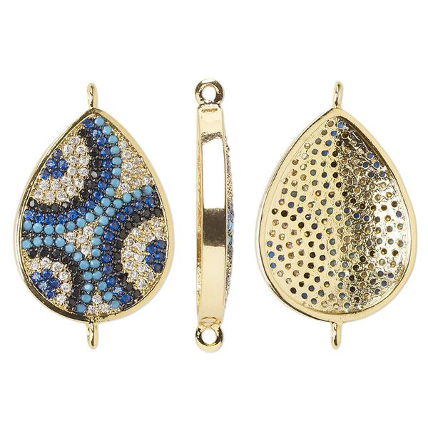 Link, cubic zirconia and gold-finished brass, blue / black / clear, 22x16.5mm single-sided teardrop with circle design. Sold individually. image number 0