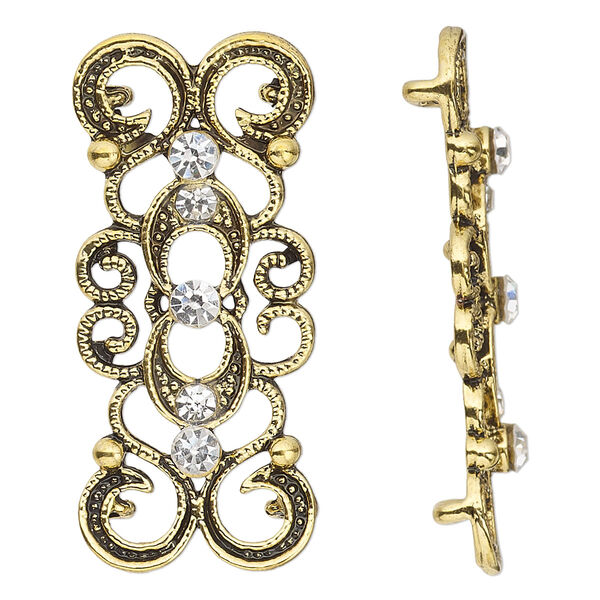 Spacer, antique gold-finished "pewter" (zinc-based alloy) and Czech glass rhinestone, clear, 39x16mm 2-strand fancy rectangle. Sold per pkg of 4. image number 0