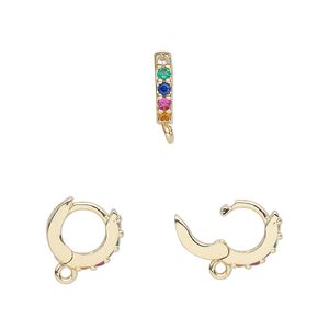 Hoop, gold-finished brass / glass / cubic zirconia, multicolored, 11mm hoop, 18 gauge. Sold per pair.
