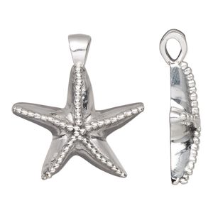 Pendant, antiqued fine silver and sterling silver, electroformed, 29.5x27mm single-sided starfish. Sold individually.