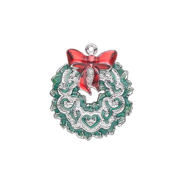 Charm, enamel and silver-plated "pewter" (zinc-based alloy), red and green, 22x20mm single-sided wreath with bow. Sold individually. image number 0