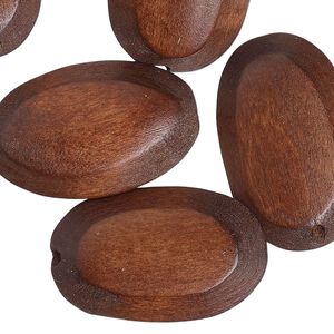 Bead, wood (waxed), walnut brown, 25x18mm flat oval. Sold per pkg of 10.