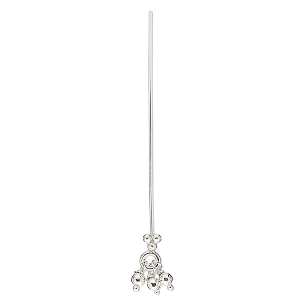 Head pin, sterling silver, 1-1/2 inches with 3-ball dangle, 23 gauge. Sold per pkg of 2. image number 0