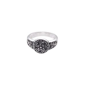 Ring, sterling silver and enamel, black, 12.5mm round with flower design, size 9. Sold individually.