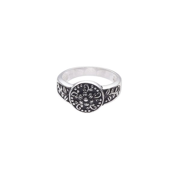 Ring, sterling silver and enamel, black, 12.5mm round with flower design, size 9. Sold individually. image number 0