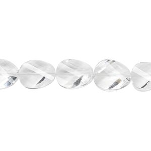 Quartz crystal 1pkg5, hand-cut faceted twisted flat oval bead natural 11x9mm