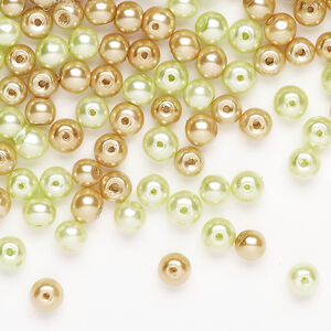 Glass pearl mix 1pkg250, gold and pale lime green, 4mm round