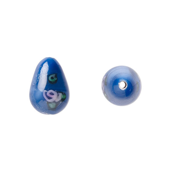 Bead, Czech lampworked glass, opaque blue / pink / green, 12x8mm-13x9mm teardrop with flower design. Sold per pkg of 4. image number 0