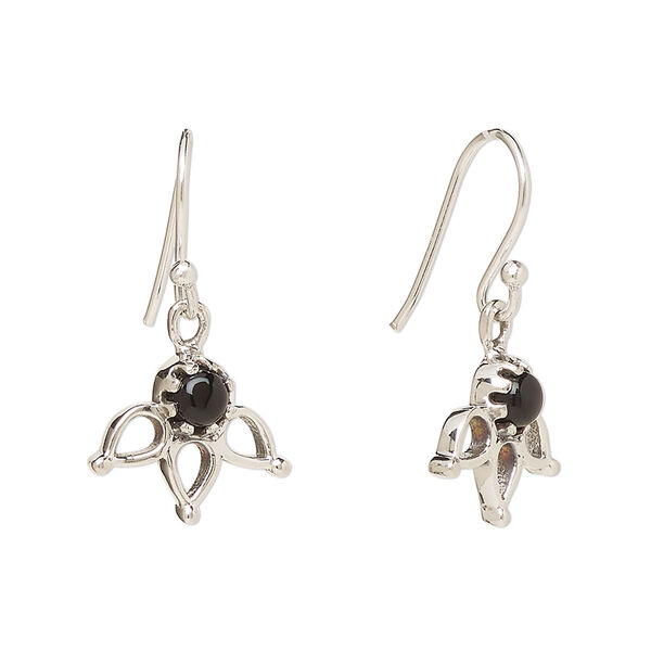 Ear wire, Create Compliments®, antiqued sterling silver and black onyx (dyed), fishhook, 27mm with 14.5 x 12.5mm single-sided open 3-teardrop, 21 gauge. Sold per pair. image number 0