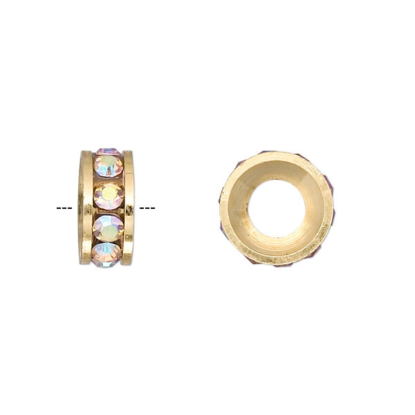Bead, Dione®, Czech crystal and gold-finished brass, crystal AB, 12x5mm rondelle with 6mm hole. Sold per pkg of 2. image number 0