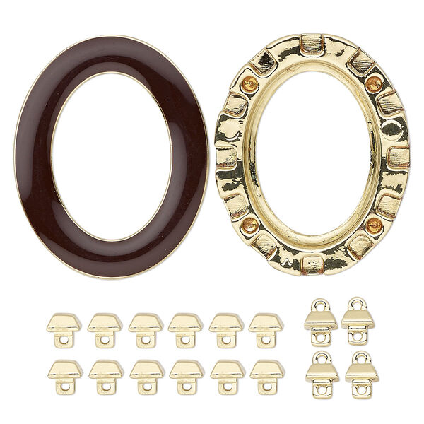 Mount, Miracle Mount™, enamel and gold-finished "pewter" (zinc-based alloy), brown, 39x32mm oval with 30x22mm oval setting. Sold per 18-piece set. image number 0