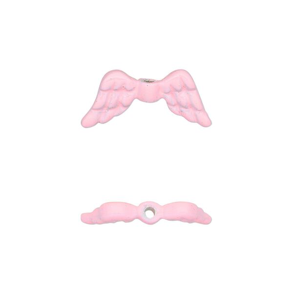 Bead, enamel and pewter (tin-based alloy), pink with glitter, 20x9mm double-sided angel wing. Sold individually. image number 0
