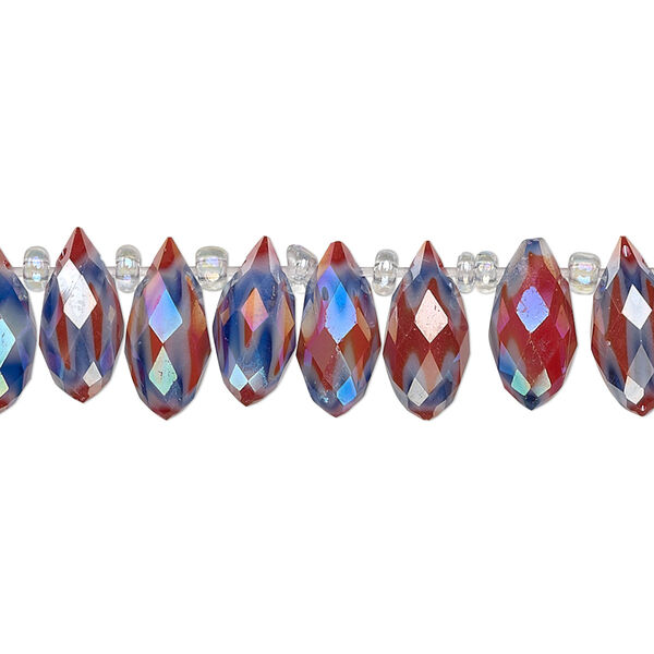 Bead, millefiori glass, marbled red and blue AB, 12x6mm top-drilled faceted teardrop. Sold per 6-inch strand, approximately 25 beads. image number 0