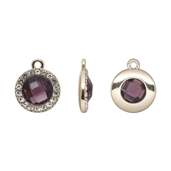 Drop, glass / glass rhinestone / gold-finished "pewter" (zinc-based alloy), clear and transparent amethyst purple, 15.5mm single-sided round. Sold per pkg of 2. image number 0