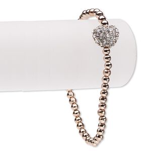 Bracelet, stretch, Czech glass rhinestone with copper-finished brass and "pewter" (zinc-based alloy), clear, 14mm wide with 14x12mm heart, 6-1/2 inches. Sold individually.