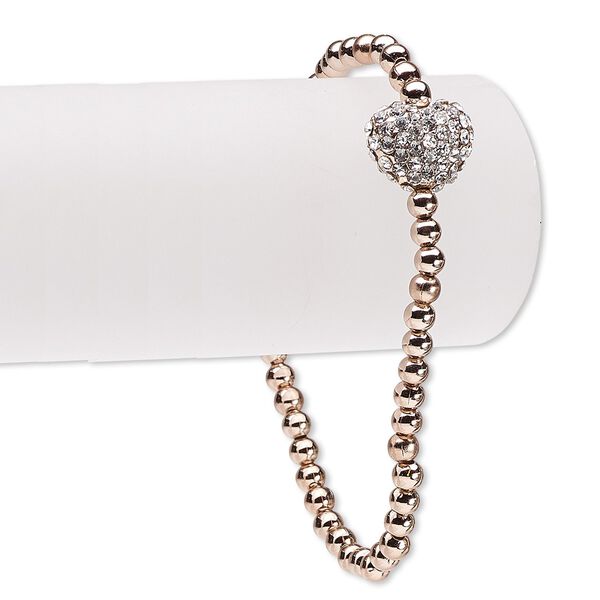 Bracelet, stretch, Czech glass rhinestone with copper-finished brass and "pewter" (zinc-based alloy), clear, 14mm wide with 14x12mm heart, 6-1/2 inches. Sold individually. image number 0