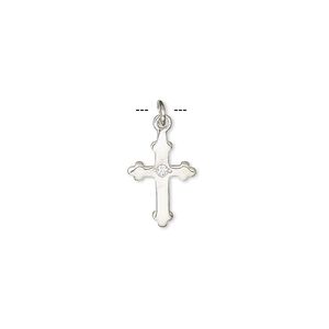 Drop, sterling silver and cubic zirconia, clear, 13x9mm cross. Sold per pkg of 4.